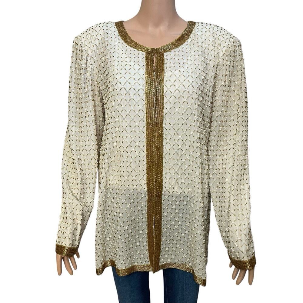 Tan Chho Beaded Evening Jacket 1X White Gold Formal Topper Long Sleeve Glam Silk